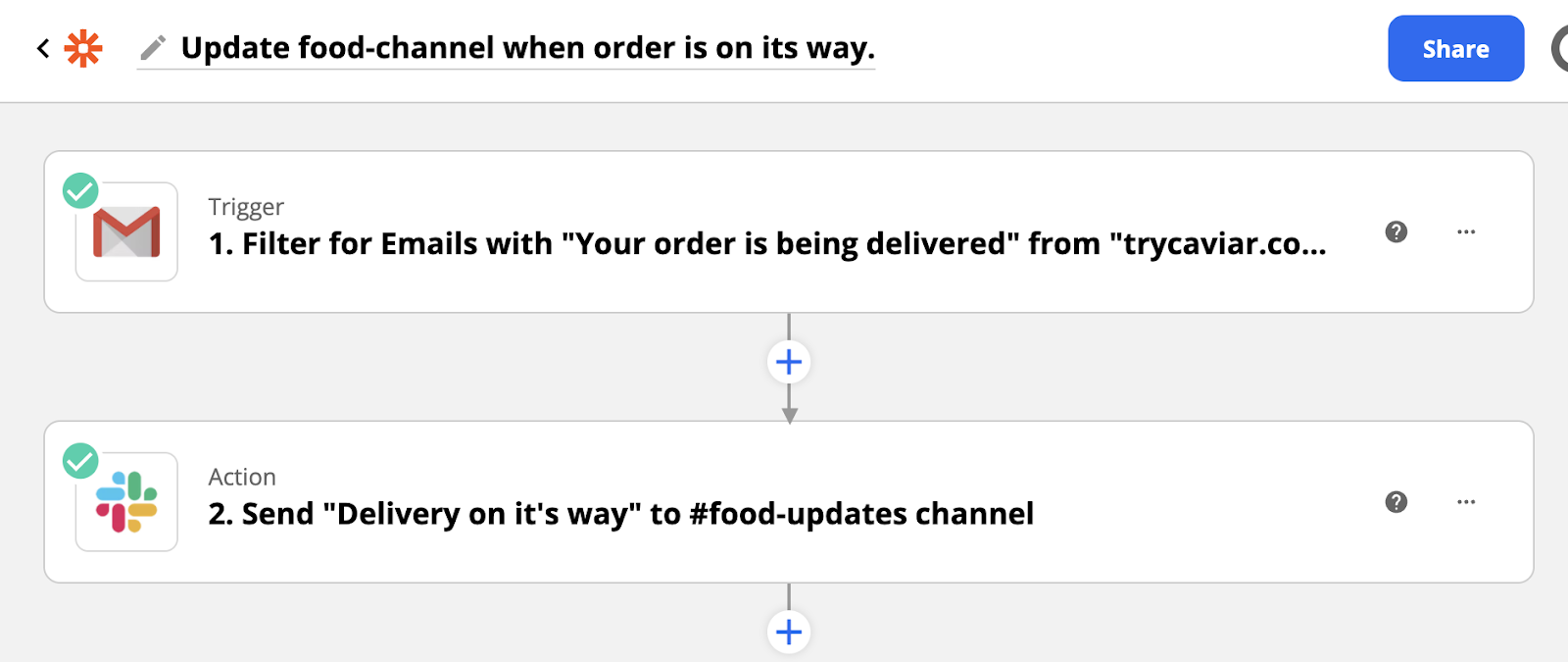 Example: When delivery notice emails come from caviar, let a channel know in slack
